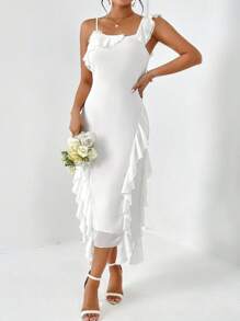 SHEIN Privé 不對稱領荷葉邊洋裝 - 白色 - 查看 4