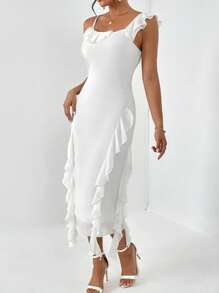 SHEIN Privé 不對稱領荷葉邊洋裝 - 白色 - 查看 5