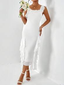 SHEIN Privé 不對稱領荷葉邊洋裝 - 白色 - 查看 6