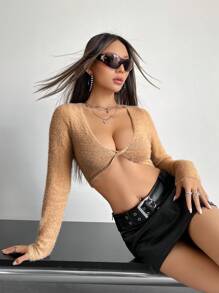 SHEIN ICON Hippie Twist Front Crop Sweater - Khaki - View 4