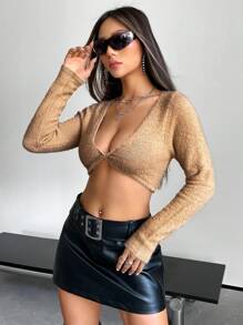 SHEIN ICON Hippie Twist Front Crop Sweater - Khaki - View 10