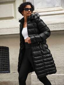 EURMUSE Women's Solid Color Faux Fur Collar Hooded Jacket, Autumn/Winter - Black - View 3