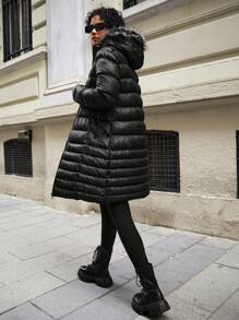 EURMUSE Women's Solid Color Faux Fur Collar Hooded Jacket, Autumn/Winter - Black - View 2