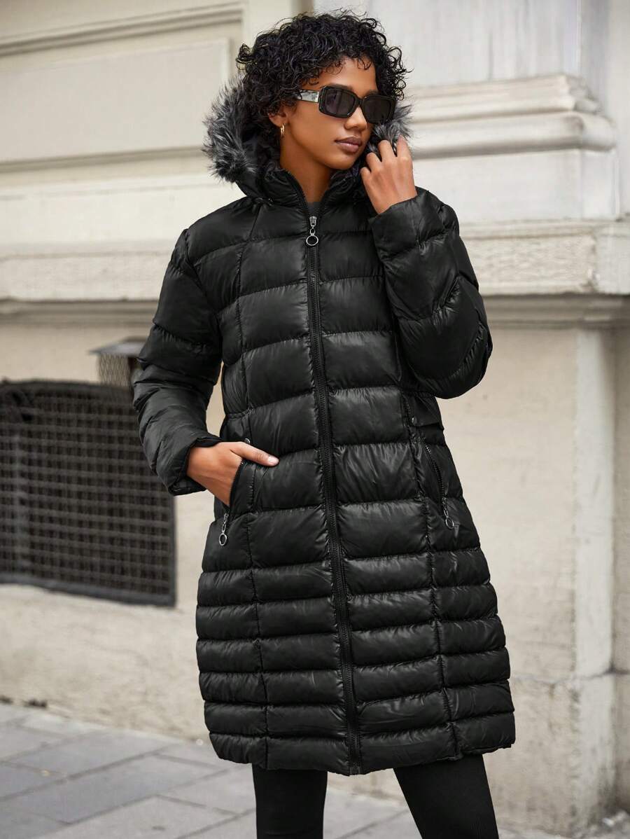 EURMUSE Women's Solid Color Faux Fur Collar Hooded Jacket, Autumn/Winter - Black - View 1