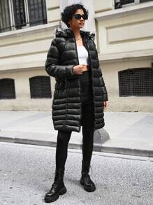 EURMUSE Women's Solid Color Faux Fur Collar Hooded Jacket, Autumn/Winter - Black - View 4