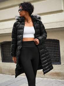 EURMUSE Women's Solid Color Faux Fur Collar Hooded Jacket, Autumn/Winter - Black - View 5