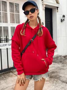 SHEIN EZwear Kangaroo Pocket Drop Shoulder Drawstring Thermal Lined Hoodie - Red - View 1