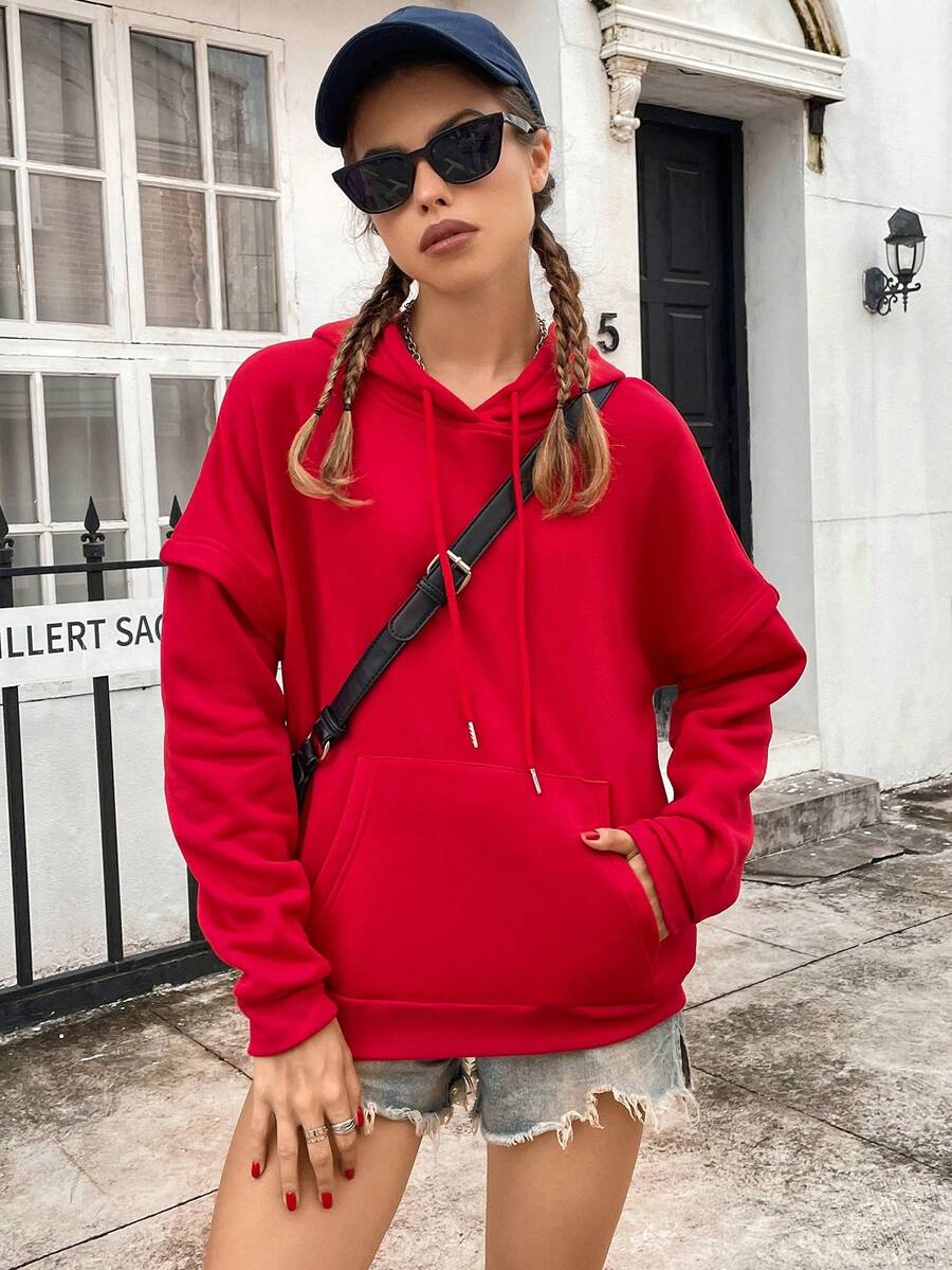 SHEIN EZwear Kangaroo Pocket Drop Shoulder Drawstring Thermal Lined Hoodie - Red - View 1