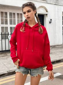 SHEIN EZwear Kangaroo Pocket Drop Shoulder Drawstring Thermal Lined Hoodie - Red - View 3
