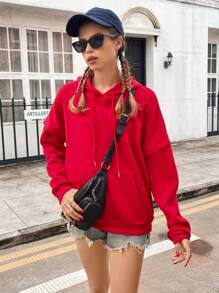 SHEIN EZwear Kangaroo Pocket Drop Shoulder Drawstring Thermal Lined Hoodie - Red - View 4