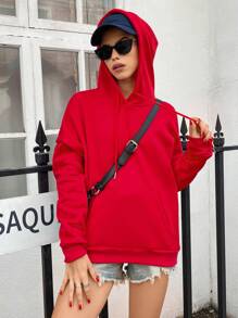 SHEIN EZwear Kangaroo Pocket Drop Shoulder Drawstring Thermal Lined Hoodie - Red - View 5