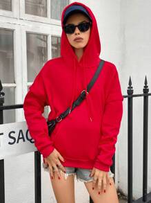 SHEIN EZwear Kangaroo Pocket Drop Shoulder Drawstring Thermal Lined Hoodie - Red - View 6