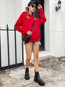 SHEIN EZwear Kangaroo Pocket Drop Shoulder Drawstring Thermal Lined Hoodie - Red - View 7