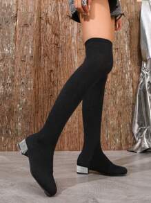 Fashionable Black Knee-high Boots With Elasticity & Rhinestone On Round Toe For Women - Black - View 3
