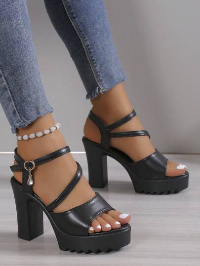 Women's Fashionable And Comfortable Waterproof Chunky Heeled Sandals With Rhinestone Detailing, Black