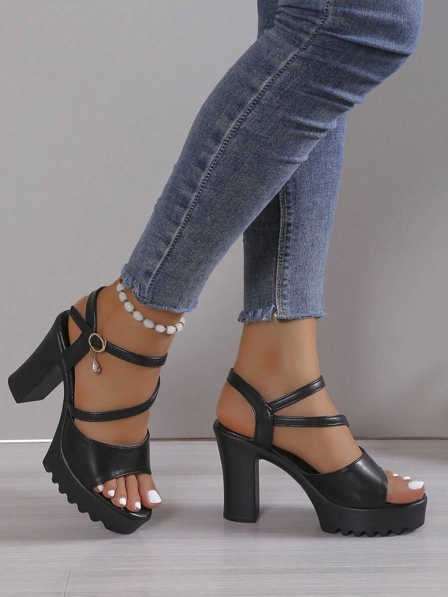 女士时尚舒适防水粗跟凉鞋，饰有水钻，黑色，女士厚底高跟鞋 - 黑色 - 查看 1