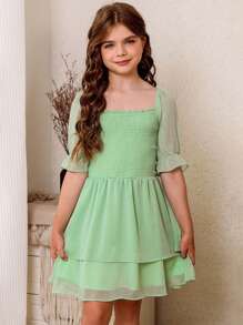 女大童素色荷葉袖娃娃裙 - 綠色 - 查看 1