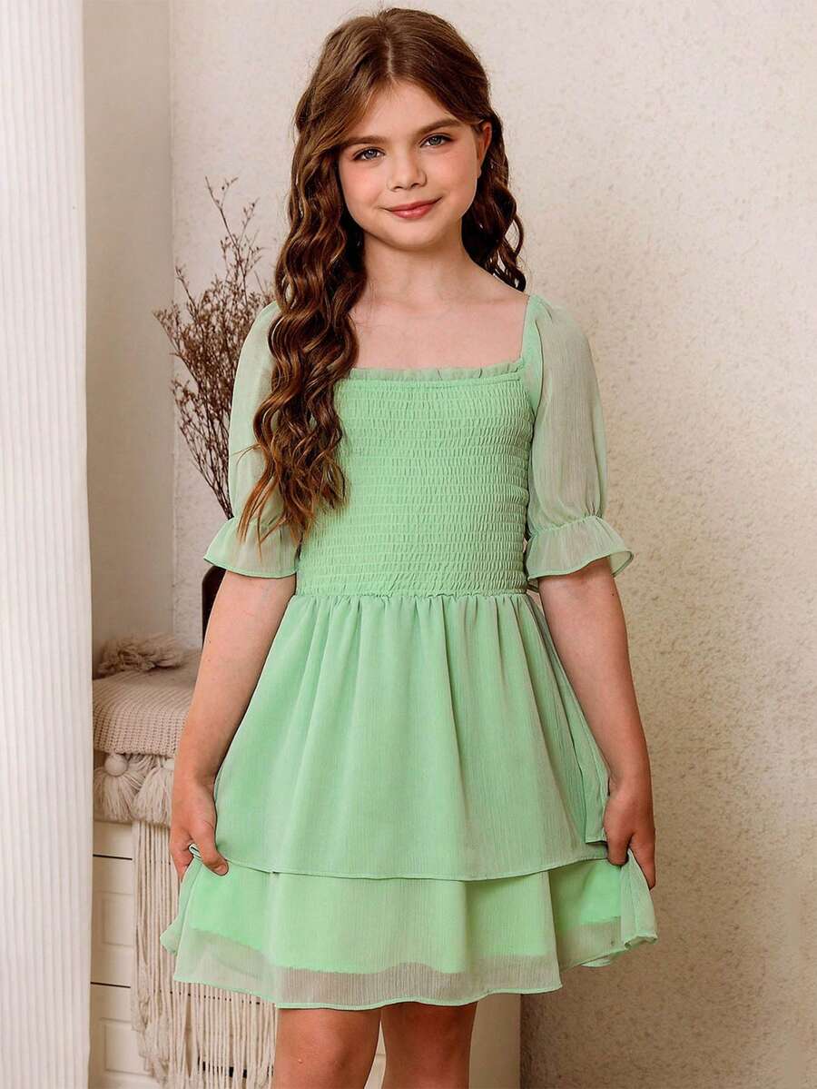 女大童素色荷葉袖娃娃裙 - 綠色 - 查看 1