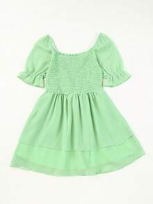 女大童素色荷葉袖娃娃裙 - 綠色 - 查看 4