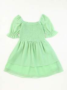 女大童素色荷葉袖娃娃裙 - 綠色 - 查看 5