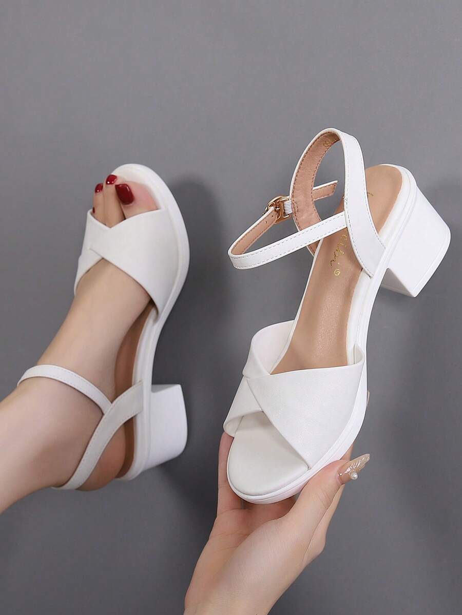Women's Fashionable, Comfortable And Versatile Ankle Strap High Heel Sandals With Thick Heel In White, Suitable For Work And Daily Wear,Platform Heels For Women - White - View 1