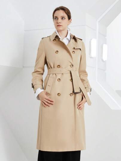 Gabardina unicolor de doble botonadura con cinturón