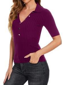 Solid Button Front Knit Top - Purple - View 3