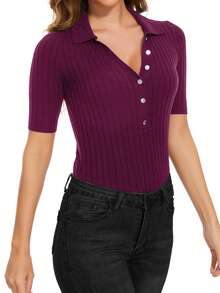 Solid Button Front Knit Top - Purple - View 4