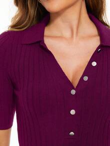 Solid Button Front Knit Top - Purple - View 5