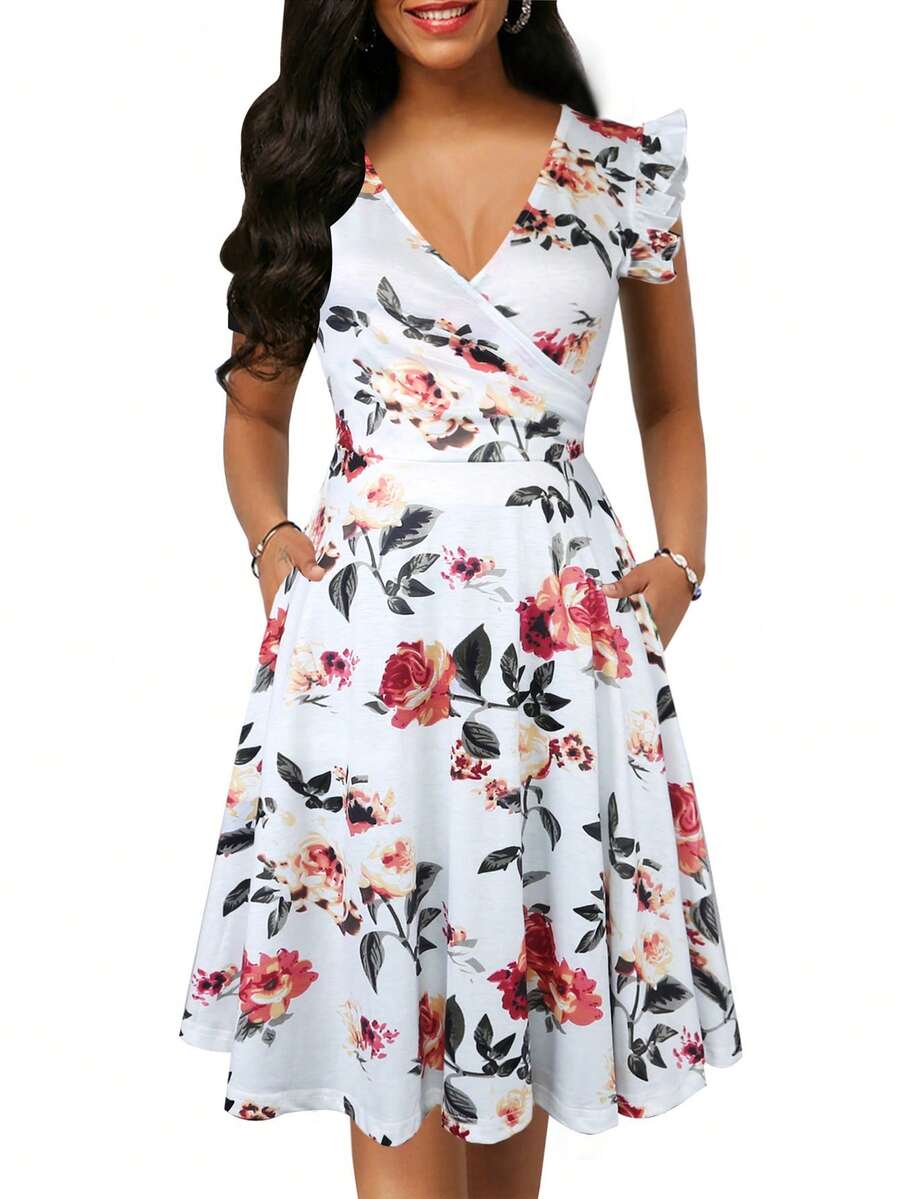 Vestido con estampado floral ribete con fruncido - Blanco - Ver 1