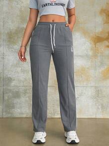 Street Drawstring High Waist Letter Pattern Slant Pocket Wide Leg Cargo Pants Daily Casual Comfy Trousers - Grey - View 2