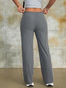 Street Drawstring High Waist Letter Pattern Slant Pocket Wide Leg Cargo Pants Daily Casual Comfy Trousers - Grey - View 3