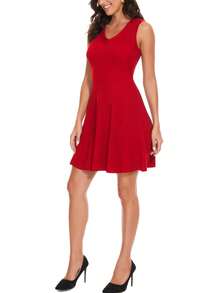 Solid V Neck Jumper Dress - Red - View 3