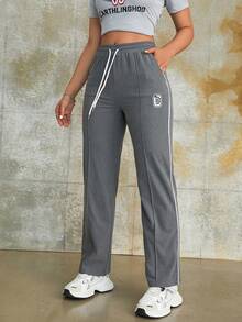 Street Drawstring High Waist Letter Pattern Slant Pocket Wide Leg Cargo Pants Daily Casual Comfy Trousers - Grey - View 4