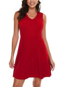 Solid V Neck Jumper Dress - Red - View 4