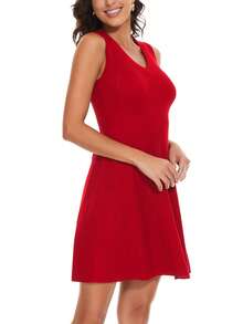 Solid V Neck Jumper Dress - Red - View 5