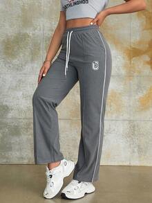 Street Drawstring High Waist Letter Pattern Slant Pocket Wide Leg Cargo Pants Daily Casual Comfy Trousers - Grey - View 5