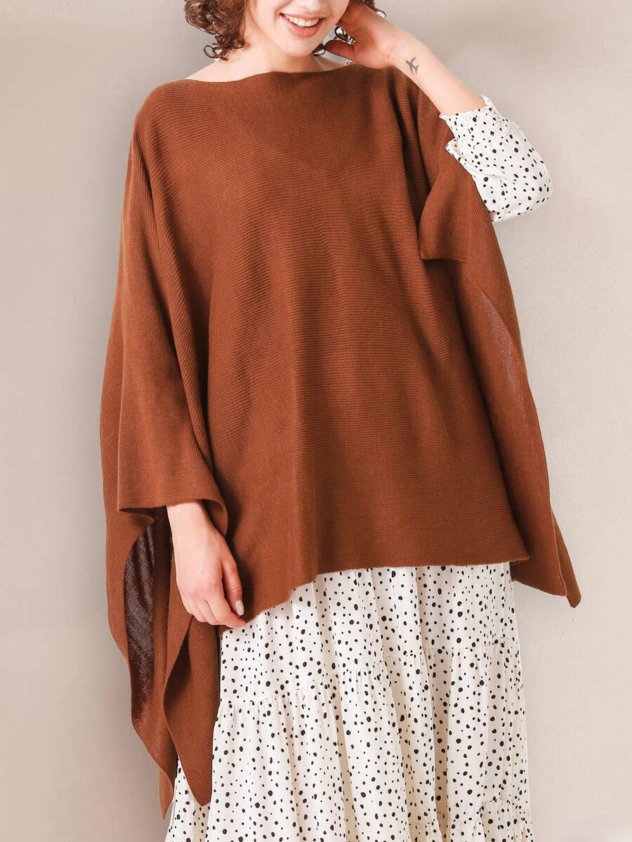 Solid Batwing Sleeve Asymmetrical Hem Poncho Sweater - Brown - View 1