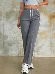 Street Drawstring High Waist Letter Pattern Slant Pocket Wide Leg Cargo Pants Daily Casual Comfy Trousers - Grey - View 6