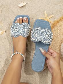 Women's Fashionable & Comfortable Blue Denim Cloth Sandals With Rhinestone & Pearl Decor Flat Heels - Blue - View 1