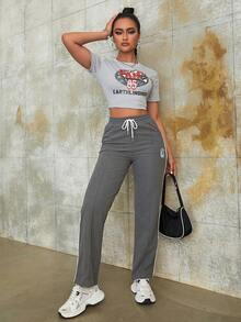 Street Drawstring High Waist Letter Pattern Slant Pocket Wide Leg Cargo Pants Daily Casual Comfy Trousers - Grey - View 7