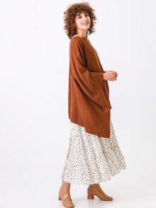 Solid Batwing Sleeve Asymmetrical Hem Poncho Sweater - Brown - View 4