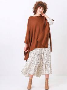 Solid Batwing Sleeve Asymmetrical Hem Poncho Sweater - Brown - View 5