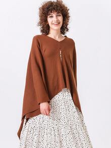 Solid Batwing Sleeve Asymmetrical Hem Poncho Sweater - Brown - View 6