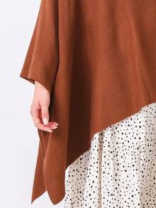 Solid Batwing Sleeve Asymmetrical Hem Poncho Sweater - Brown - View 7