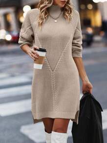 SHEIN LUNE Mock Neck Raglan Sleeve Split Hem Sweater Dress - Apricot - View 1