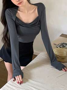 Camiseta de manga larga con cuello de embudo de unicolor informal, otoño - Gris - Ver 4