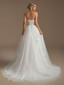 Floral Embroidery Mesh Tube Wedding Dress - Beige - View 2