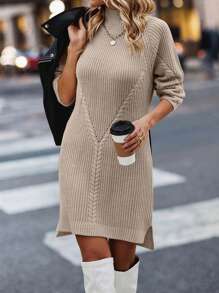 SHEIN LUNE Mock Neck Raglan Sleeve Split Hem Sweater Dress - Apricot - View 3