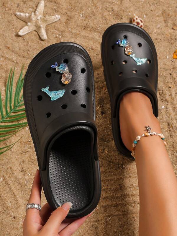 Black Preppy Casual Hollow Out Sandals, Beach Resort Lightweight EVA Slip On Shoes For Summer